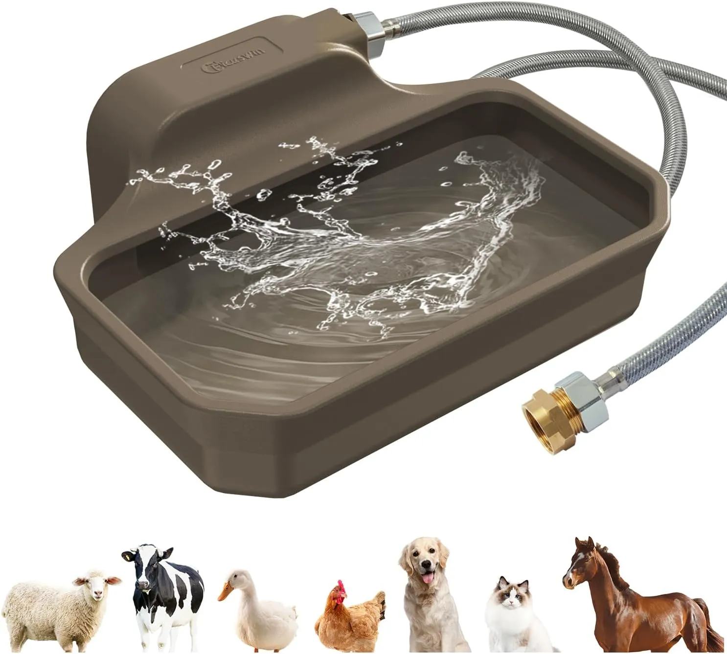 135OZ Automatic Water Dispenser for Large Dogs Patented Fit 3/4in GHT Male Faucet, Outdoor Animal Water Bowl Include Water Valve, 5ft Water Hose, Copper Connector, Large Drinking Area, Brown
