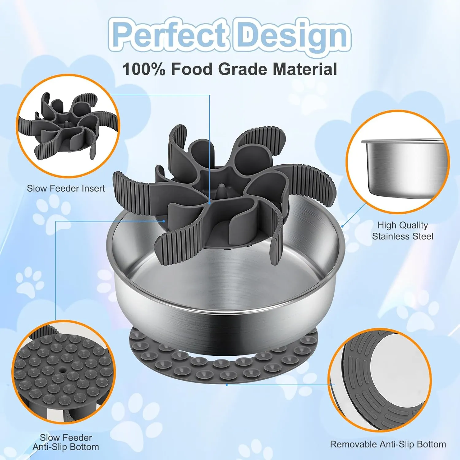 2-in-1 Slow Feeder Dog Bowls, Stainless Steel Pet Bowls with Silicone Feeder Insert, Removable Non-Slip Rubber Base for Dogs to Slow Down Eating (Medium & Large Breed)