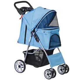 4 Wheels Dog Stroller Folding Pet Strolling Cart for Small Medium Cats Puppies Portable Jogger Travel Camping Puppy Carrier with Storage Basket Cup Holder, Blue