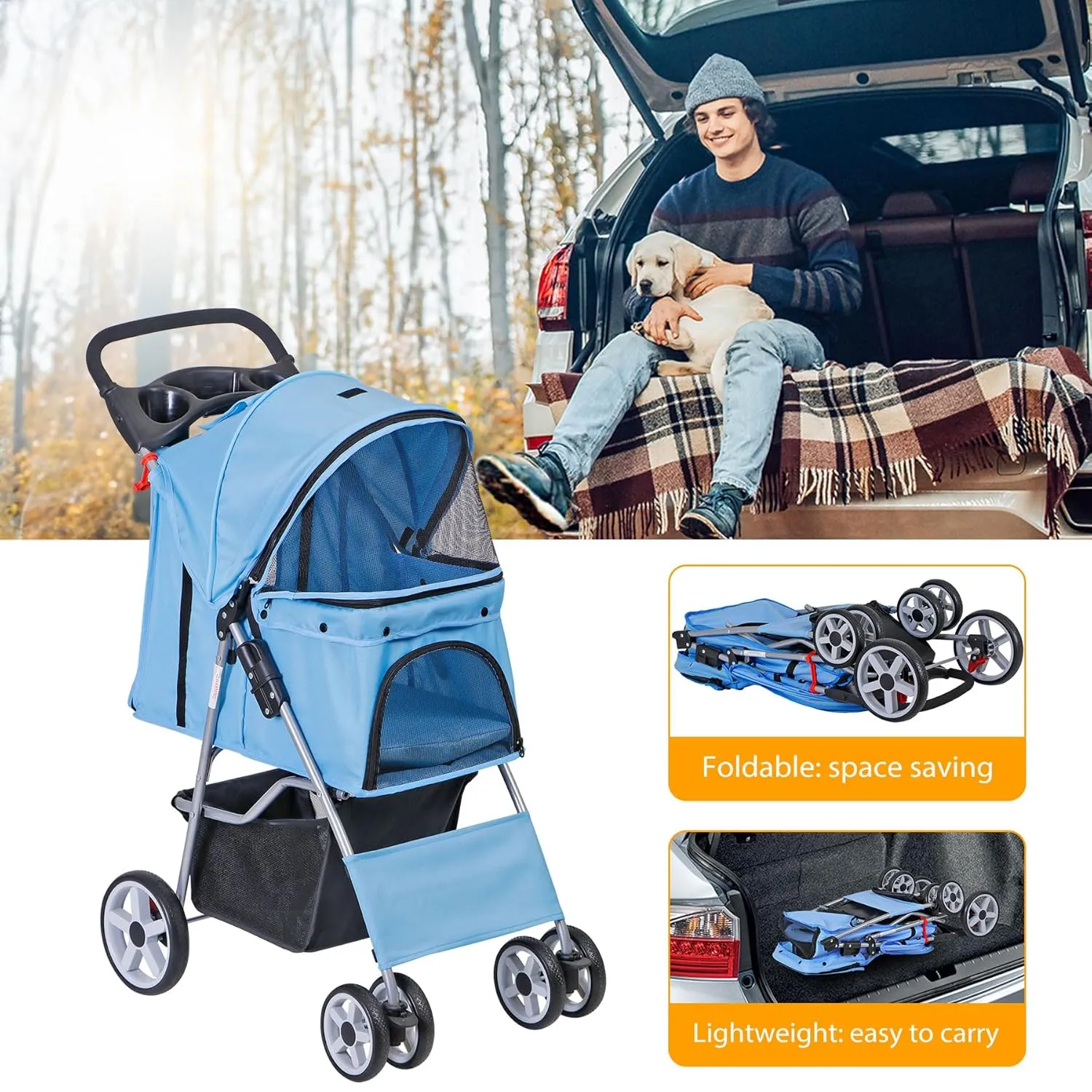 4 Wheels Dog Stroller Folding Pet Strolling Cart for Small Medium Cats Puppies Portable Jogger Travel Camping Puppy Carrier with Storage Basket Cup Holder, Blue