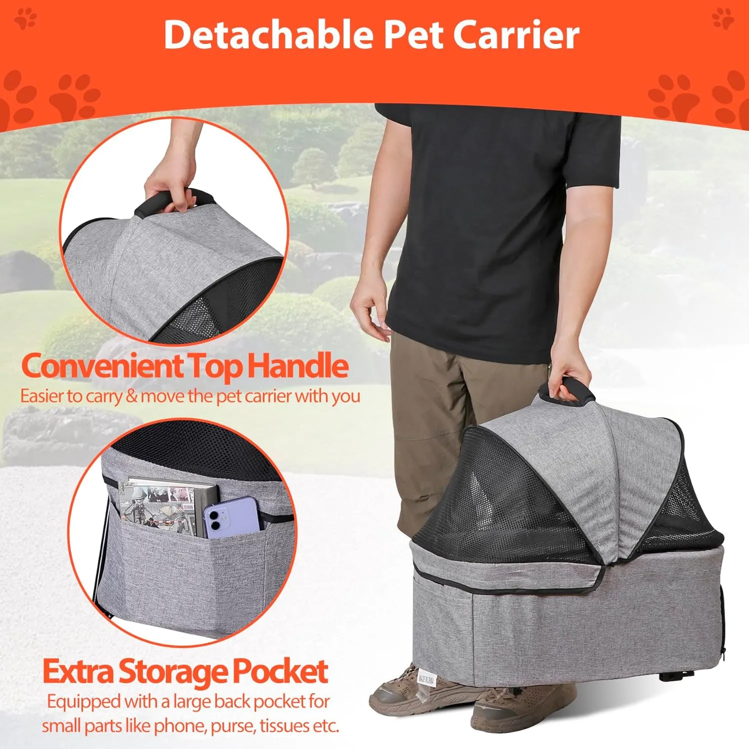 4 Wheels Dog Stroller Folding Pet Strolling Cart for Small Medium Cats Puppies with Storage Basket Cup Holder Detachable Carrier, Gray