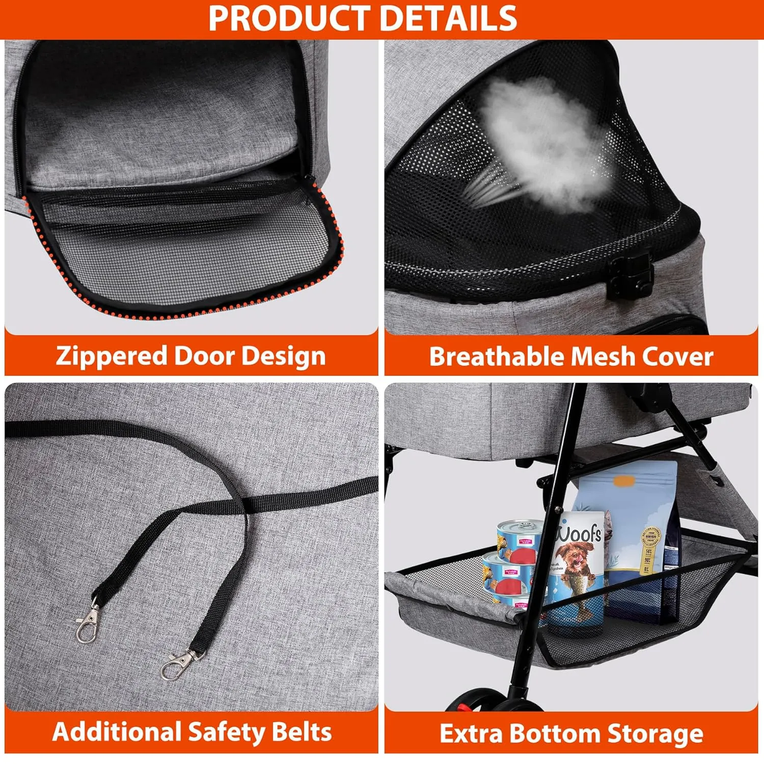 4 Wheels Dog Stroller Folding Pet Strolling Cart for Small Medium Cats Puppies with Storage Basket Cup Holder Detachable Carrier, Gray