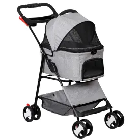 4 Wheels Dog Stroller Folding Pet Strolling Cart for Small Medium Cats Puppies with Storage Basket Cup Holder Detachable Carrier, Gray