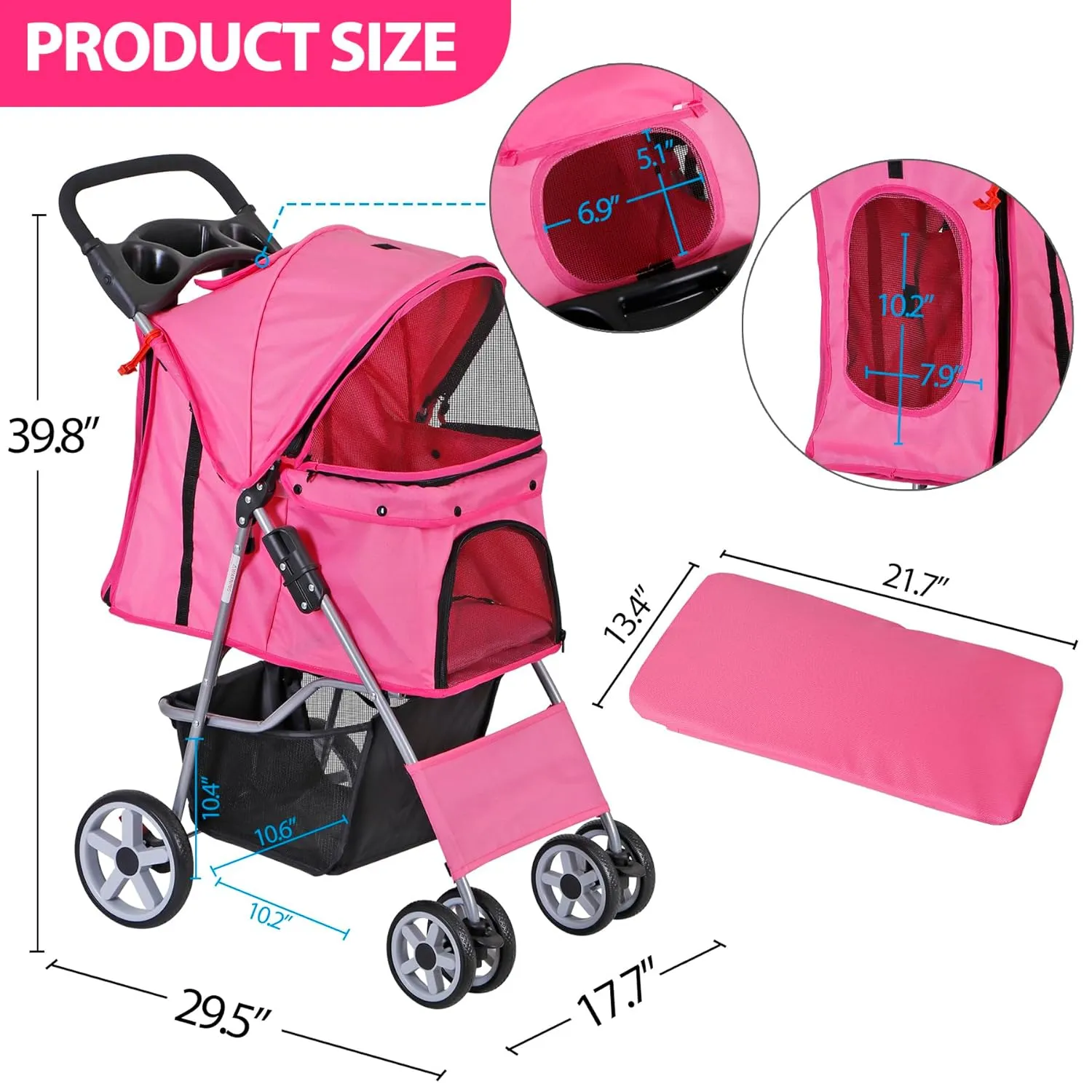 4 Wheels Foldable Pet Dog Cat Jogger Stroller Travel Carrier Strolling Cart w/Waterproof Cover Storage Basket Cup Holder & Removable Liner for Medium Small Cat Dog, Pink