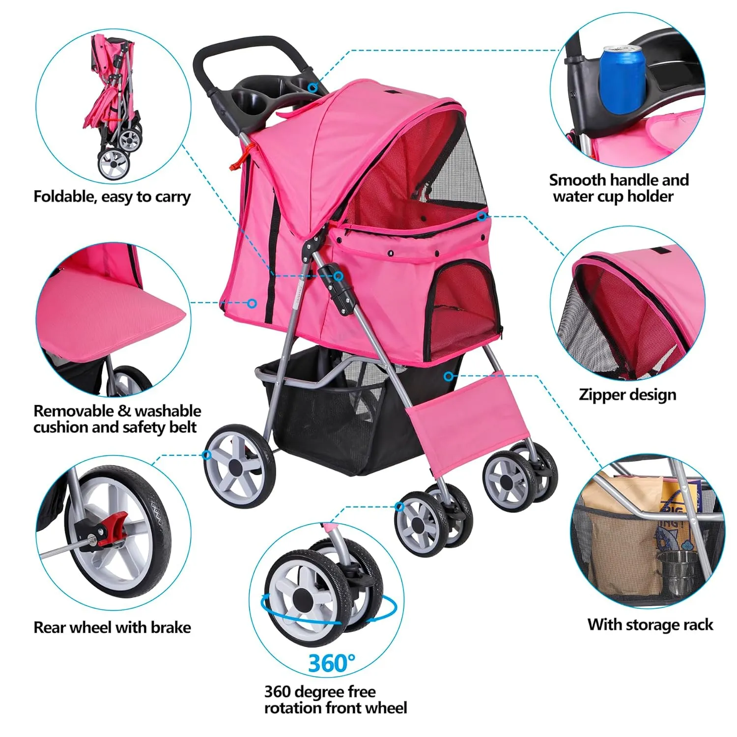 4 Wheels Foldable Pet Dog Cat Jogger Stroller Travel Carrier Strolling Cart w/Waterproof Cover Storage Basket Cup Holder & Removable Liner for Medium Small Cat Dog, Pink
