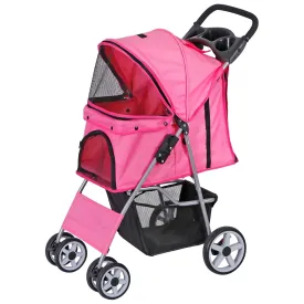 4 Wheels Foldable Pet Dog Cat Jogger Stroller Travel Carrier Strolling Cart w/Waterproof Cover Storage Basket Cup Holder & Removable Liner for Medium Small Cat Dog, Pink