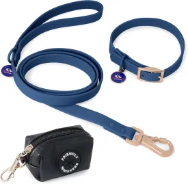 6ft Dog Leash, Collar, Poop Bag Dispenser & Bags. Waterproof, Heavy Duty Nylon PVC. Medium, Blue