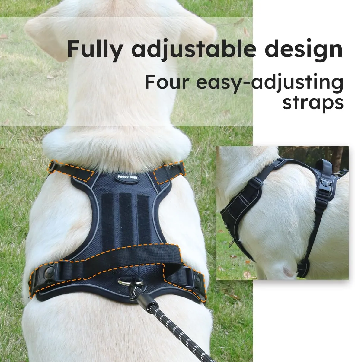 Adjustable Oxford Dog Harness No Pull and Leash Set Walking Pet Harness with Easy Control Handle for Lifting No Choke Front Clip Reflective Dog Vest 2 Leash Hooks Escape Proof (Black, L)