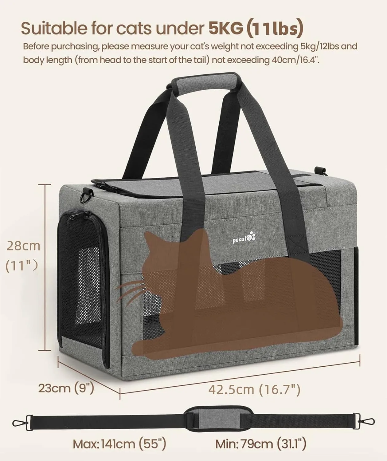 Airline Approved Cat Carrier, Pet Carrier Soft-Sided, Portable Dog Carrier with Stable Structure, Breathable Bag for Pets Less Than 12lbs, Cat Carrier Bag Suitable for Both Long and Short Trips Gray