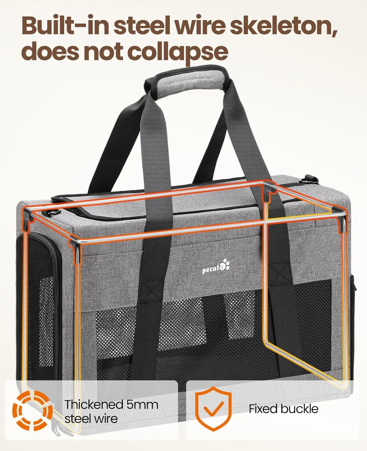 Airline Approved Cat Carrier, Pet Carrier Soft-Sided, Portable Dog Carrier with Stable Structure, Breathable Bag for Pets Less Than 12lbs, Cat Carrier Bag Suitable for Both Long and Short Trips Gray