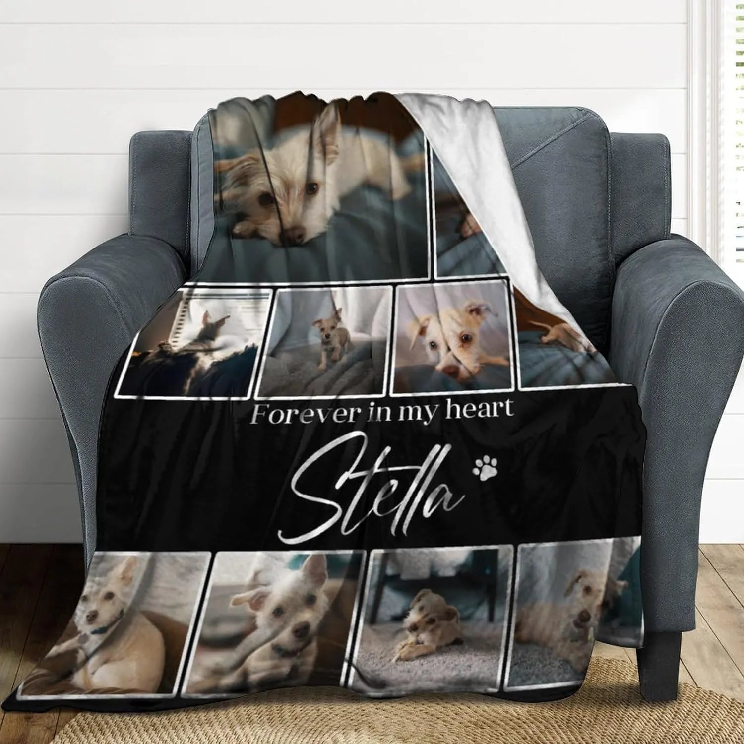 Artsadd Personalized Dog Picture Blanket - Custom Name Text & Photo Memorial Gift for Pet Loss, in Loving Memory Remembrance Blanket - Dog Lover Pet Owner Sympathy Gift