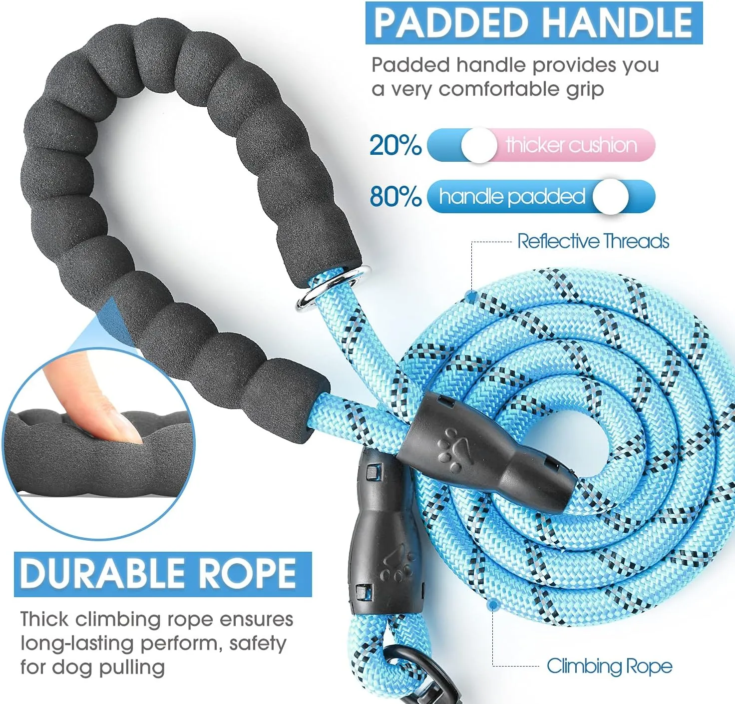 BAAPET 2/4/5/6 FT Dog Leash with Comfortable Padded Handle and Highly Reflective Threads for Small Medium and Large Dogs (6FT-1/2'', Blue)