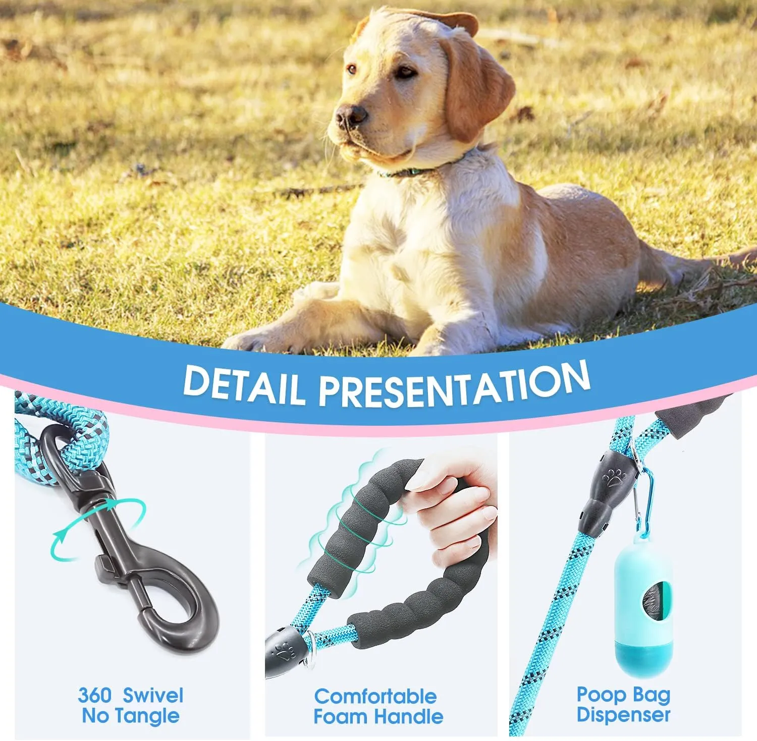 BAAPET 2/4/5/6 FT Dog Leash with Comfortable Padded Handle and Highly Reflective Threads for Small Medium and Large Dogs (6FT-1/2'', Blue)