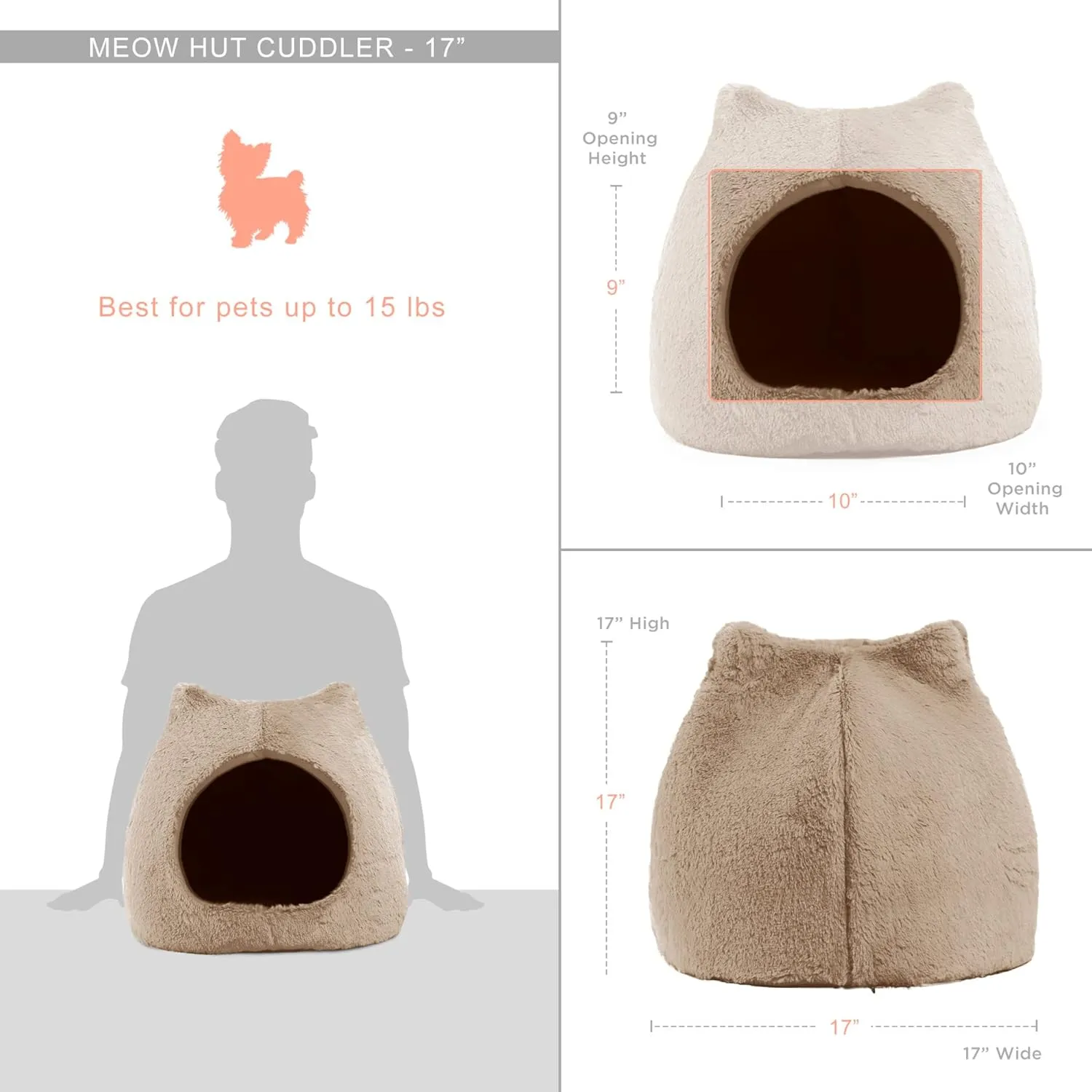 Best Friends by Sheri Meow Hut in Fur Cover Dome Cat and Dog Bed, Wheat, Small