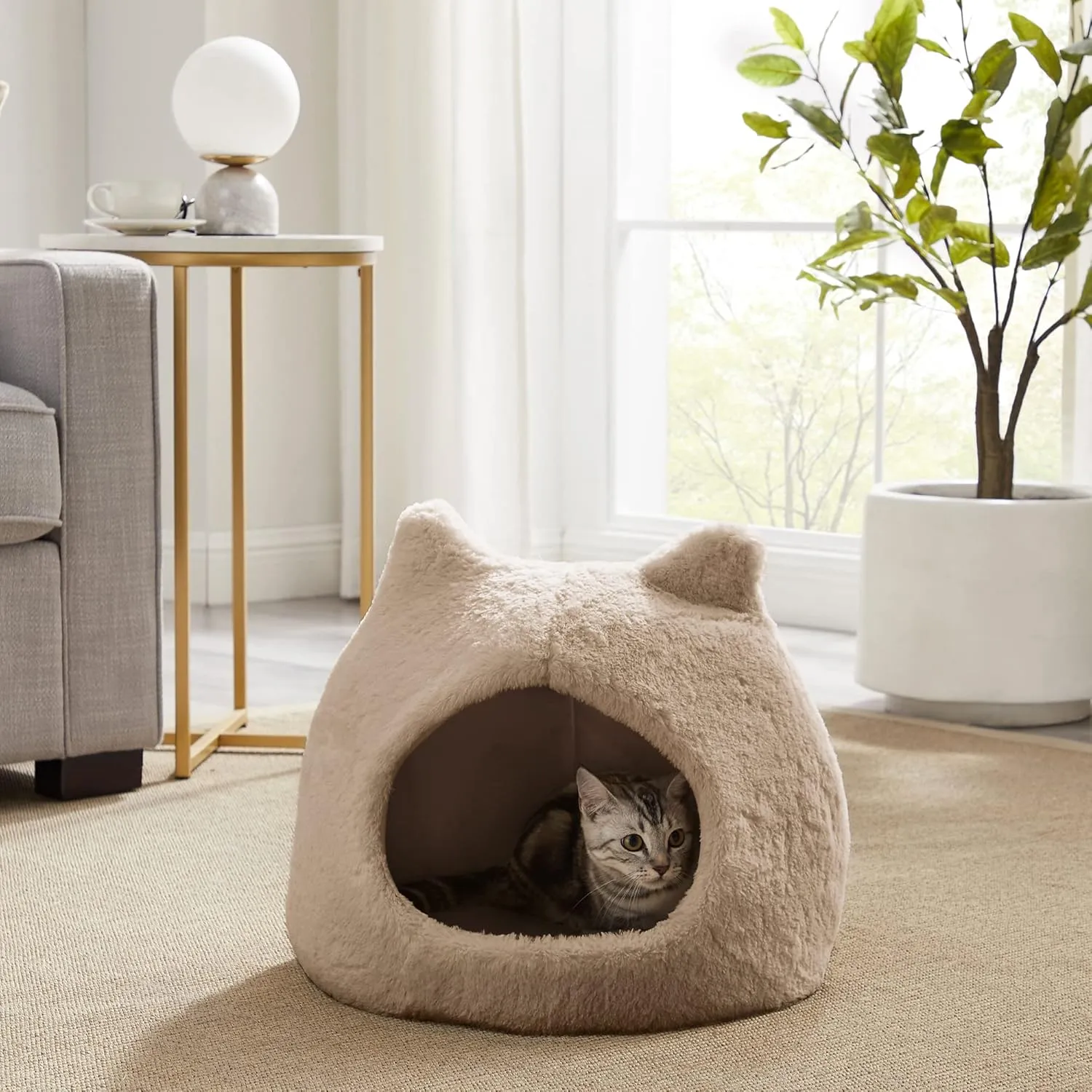Best Friends by Sheri Meow Hut in Fur Cover Dome Cat and Dog Bed, Wheat, Small