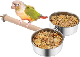 Bird Wood Stand Perch with Food Water Feeding Bowl for Parrot Parakeet Cockatiel Cage Accessories (B: Perch with 2 Feeder Bowls)