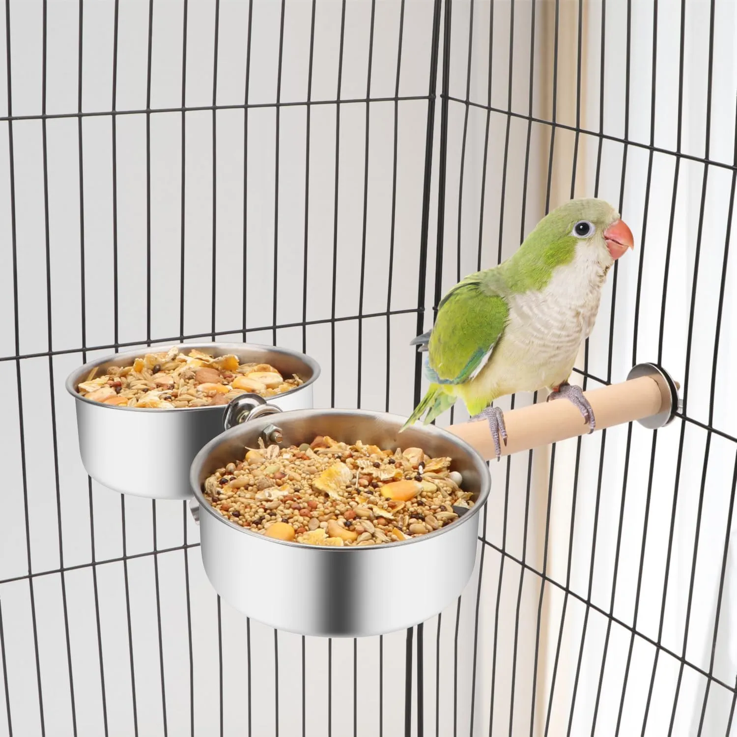 Bird Wood Stand Perch with Food Water Feeding Bowl for Parrot Parakeet Cockatiel Cage Accessories (B: Perch with 2 Feeder Bowls)