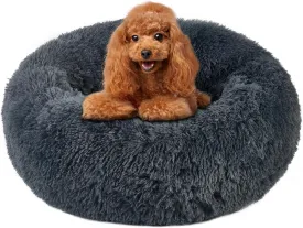 Calming Round Cute Cat & Dog Bed, Anti-Slip Washable Cozy Soft Round Pet Bed, Fluffy Faux Fur Plush Dog Cuddler Bed Fits up to 5 lbs Dogs and Cats(Donut Dark Grey, 16inch x 16inch)