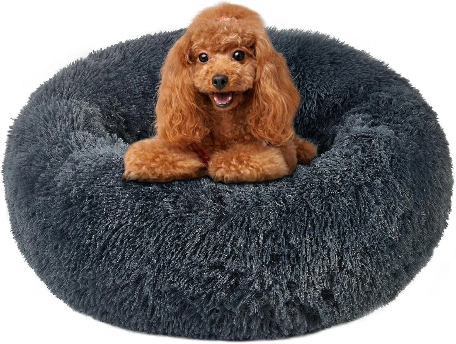 Calming Round Cute Cat & Dog Bed, Anti-Slip Washable Cozy Soft Round Pet Bed, Fluffy Faux Fur Plush Dog Cuddler Bed Fits up to 5 lbs Dogs and Cats(Donut Dark Grey, 16inch x 16inch)
