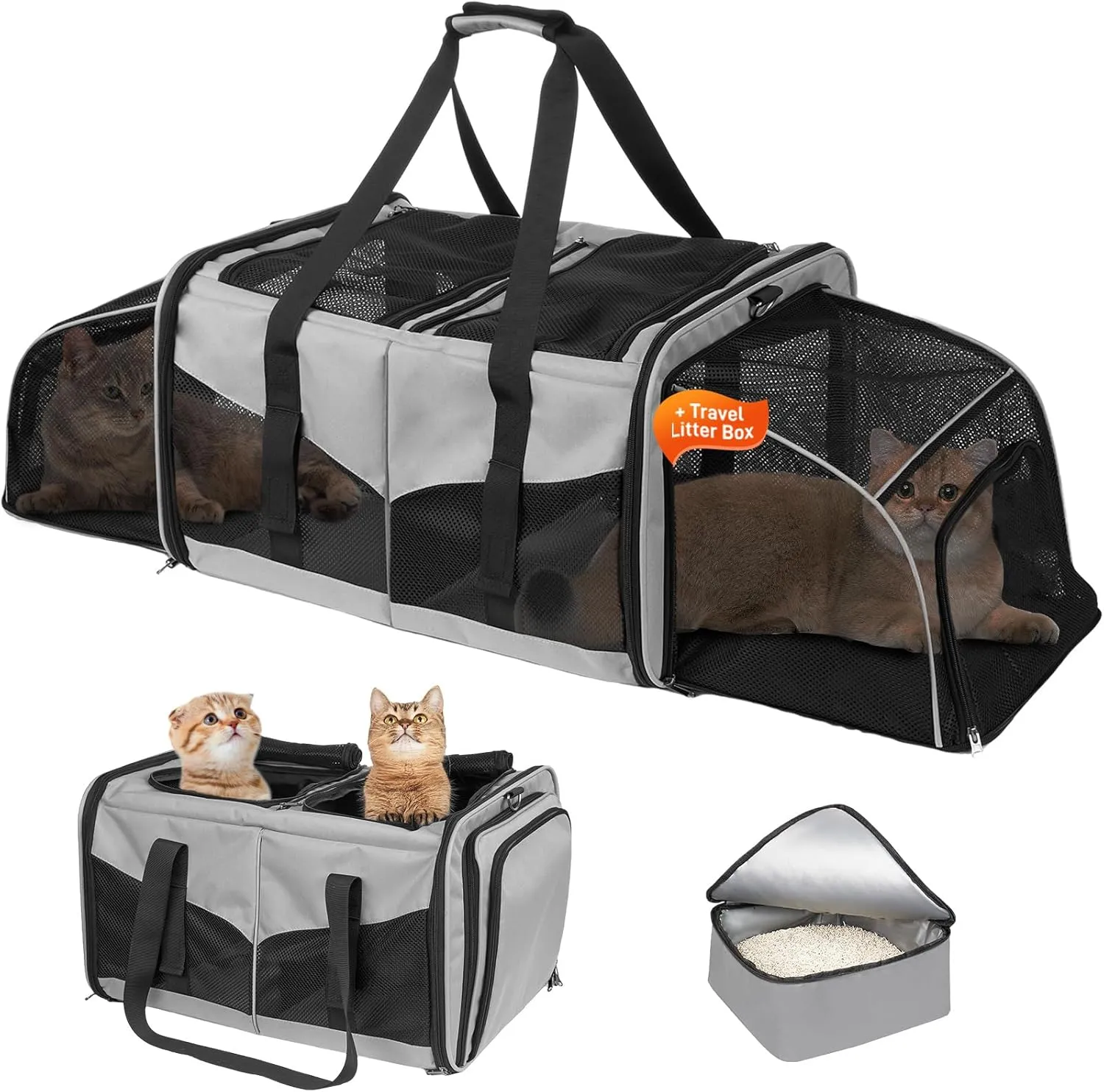 Cat Carrier for 2 Cats, Cat Travel Carrier with Litter Box, Portable 2-in-1 Double Pet Carrier for Car Travel Long Distance, Grey