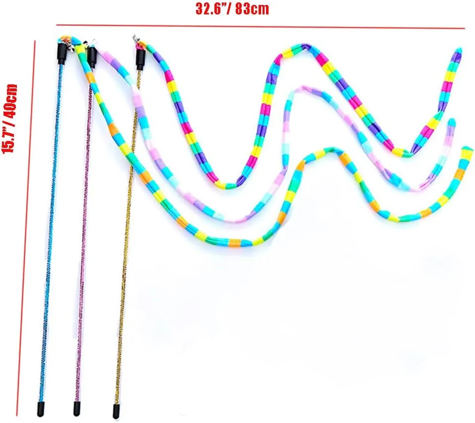 Cat Wand Toys, 3 PCS Flexible Cat String Toy with Bell Rainbow Cat Ribbon Toy Interactive Cat Toys for Indoor Cats Kittens