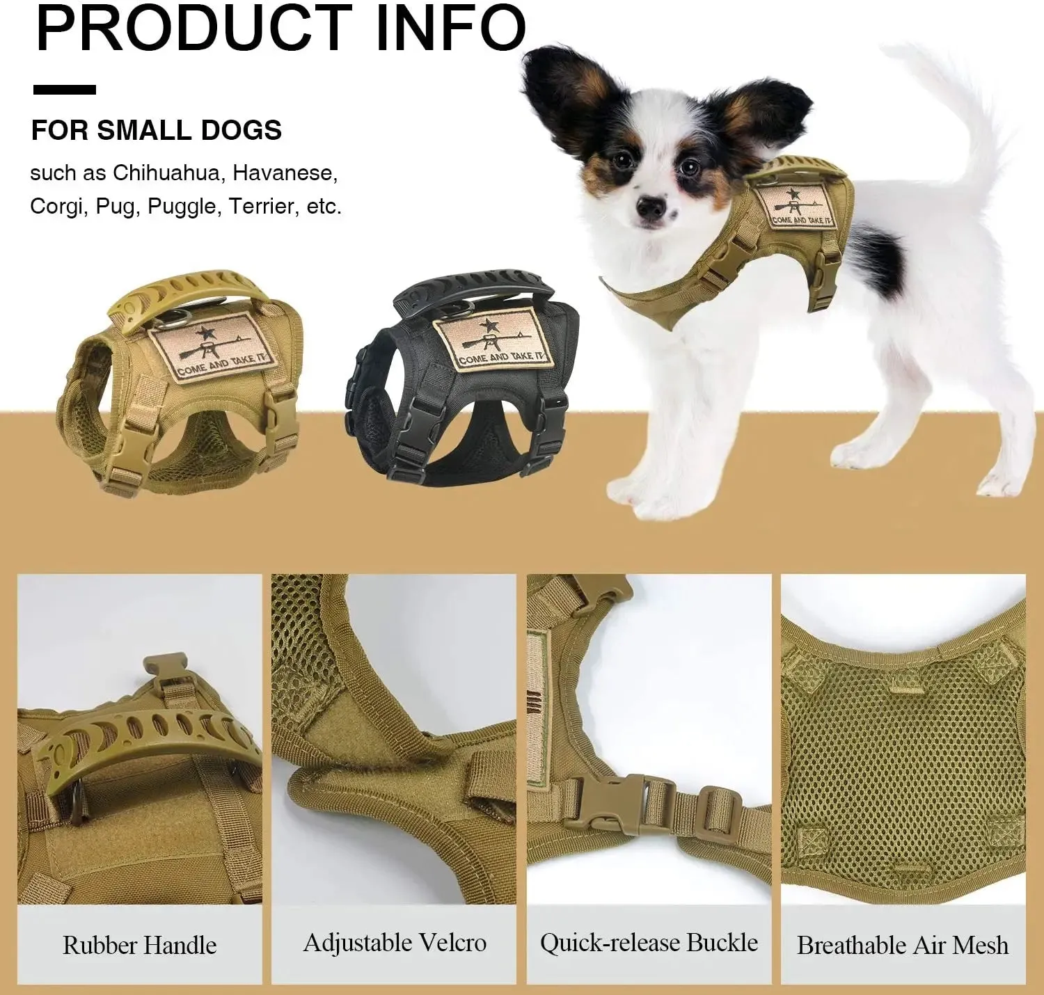 Chihuahua Tactical Dog Vest – XS Adjustable Military MOLLE Training Harness with Rubber Handle for Small Dogs