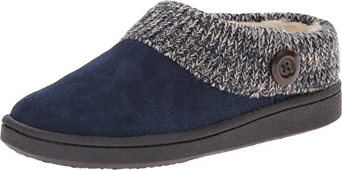 Clarks Navy Suede Leather Knitted Collar Plush Faux Fur Lining Clog Slippers