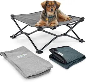 Coolaroo On-The-Go Elevated Dog Bed Kit  Portable & Cooling Travel Cot with HeatShield Fabric for Small Dogs, Lightweight & Compact, Includes Matching Carry Bag & Pacific Blue Bonus Cover, Small