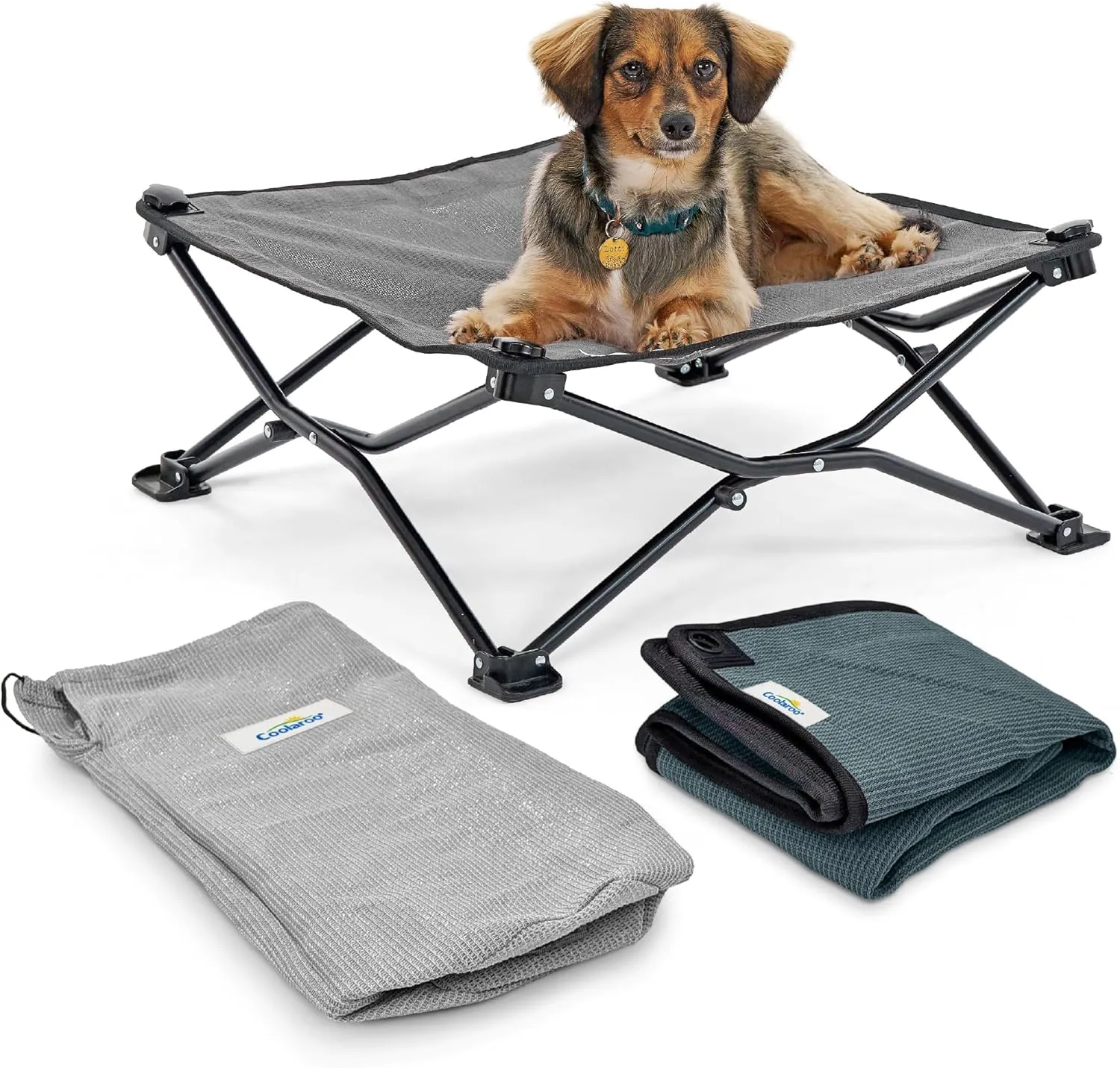 Coolaroo On-The-Go Elevated Dog Bed Kit  Portable & Cooling Travel Cot with HeatShield Fabric for Small Dogs, Lightweight & Compact, Includes Matching Carry Bag & Pacific Blue Bonus Cover, Small