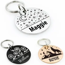Cute Dog Tag with Custom Text - Engraved on Both Sides Stainless Steel Pet ID Tags - Personalized cat & Dog Tags for Collar Pendant (Circle)