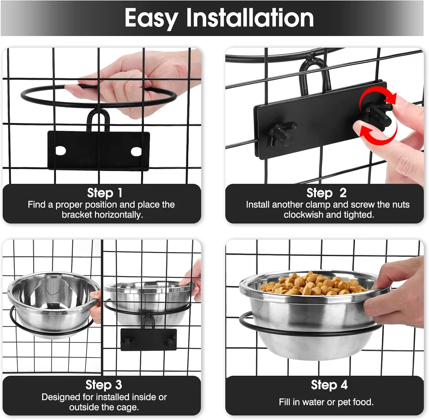 Dog Crate Bowls Hanging No Spill, 2 Pack 47oz & 56oz Crate Water Bowl Stainless Steel Kennel Food Bowl Water Dispenser Set Mountable Cage Accessories Metal Feeder Dish Coop Cup for Large & Medium Pet