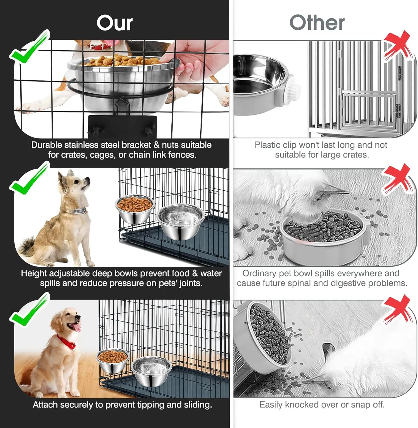 Dog Crate Bowls Hanging No Spill, 2 Pack 47oz & 56oz Crate Water Bowl Stainless Steel Kennel Food Bowl Water Dispenser Set Mountable Cage Accessories Metal Feeder Dish Coop Cup for Large & Medium Pet