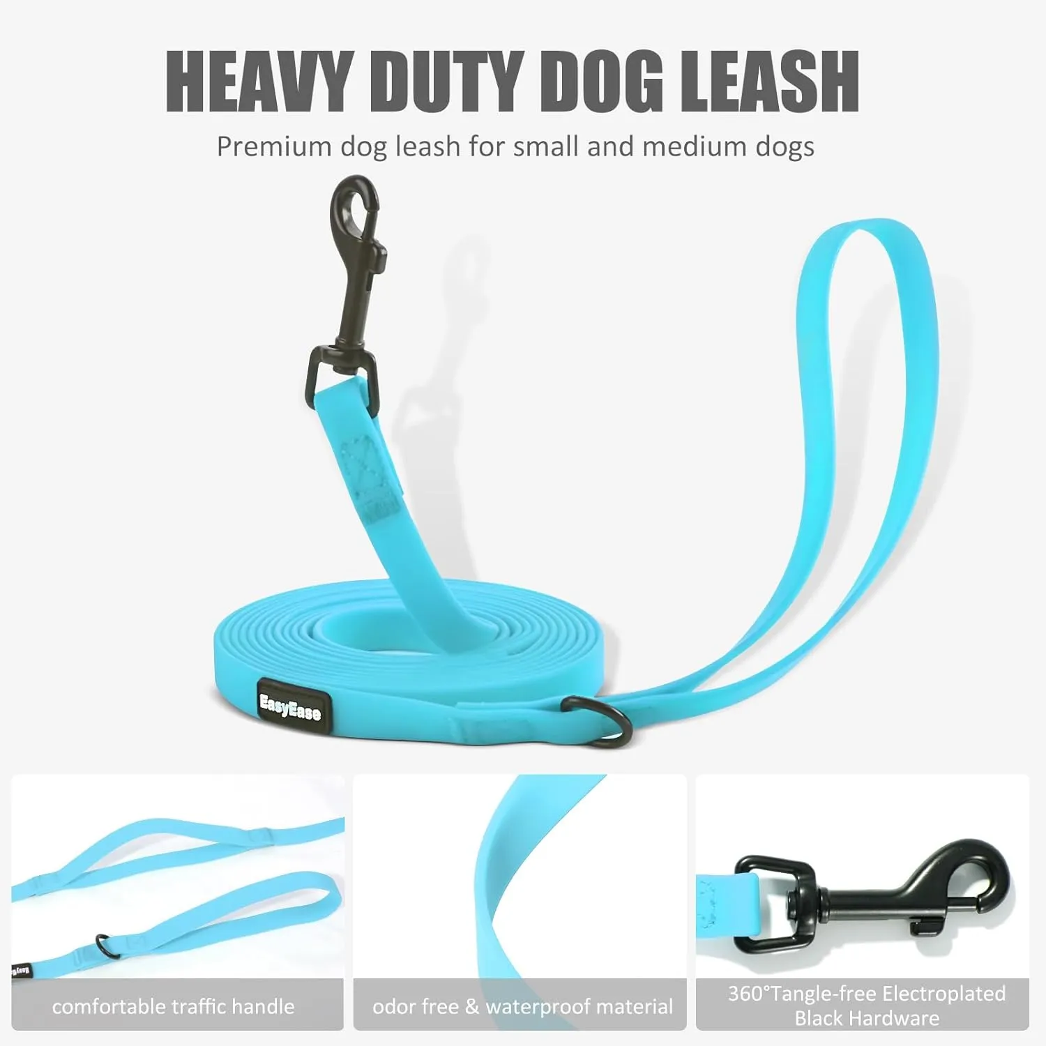 Dog Leash with Electroplated Black Hardware, Lightweight Dog Leash with Traffic Handle, 6FT Waterproof Blue Dog Leash Coated with Durable and Odor Free Material for Small and Medium Dogs