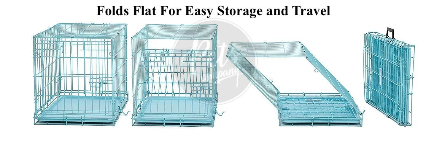 Double Door Folding Metal Dog Cage with Paw Protector, for Small Dogs and Puppies, Small, Blue, 24 Inch