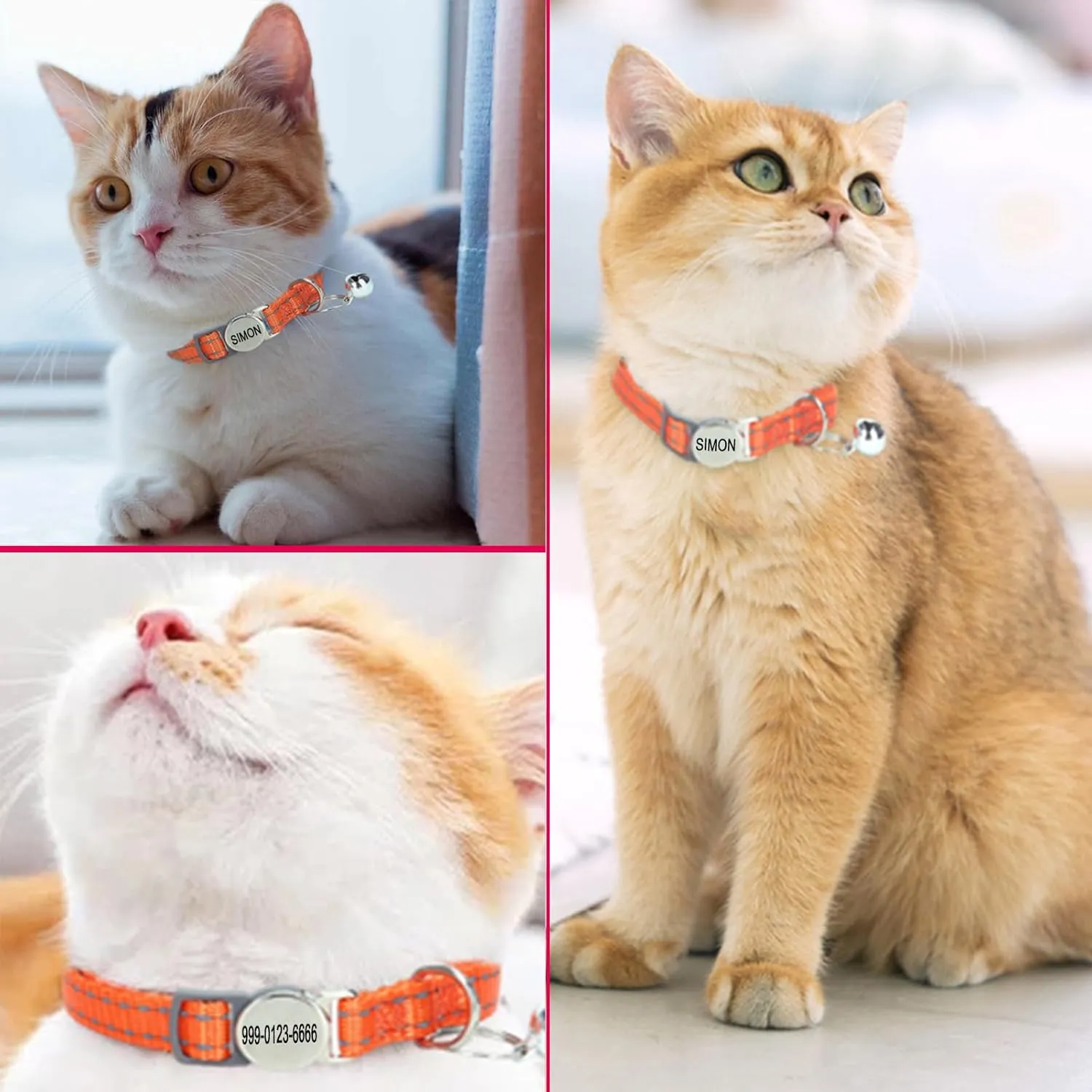 Engraved Personalized Cat Collar,Breakaway Safety Release Buckle,Reflective Kitten Collars with ID Name Tag,Adjustable Nylon Collar with Bell for Small Dogs Puppy Kitten Cat,Red(7.5''-12.0'')
