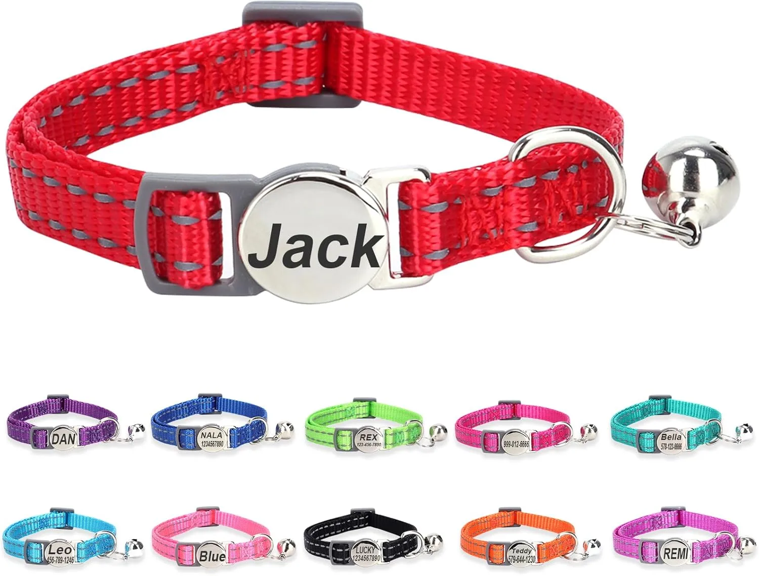 Engraved Personalized Cat Collar,Breakaway Safety Release Buckle,Reflective Kitten Collars with ID Name Tag,Adjustable Nylon Collar with Bell for Small Dogs Puppy Kitten Cat,Red(7.5''-12.0'')