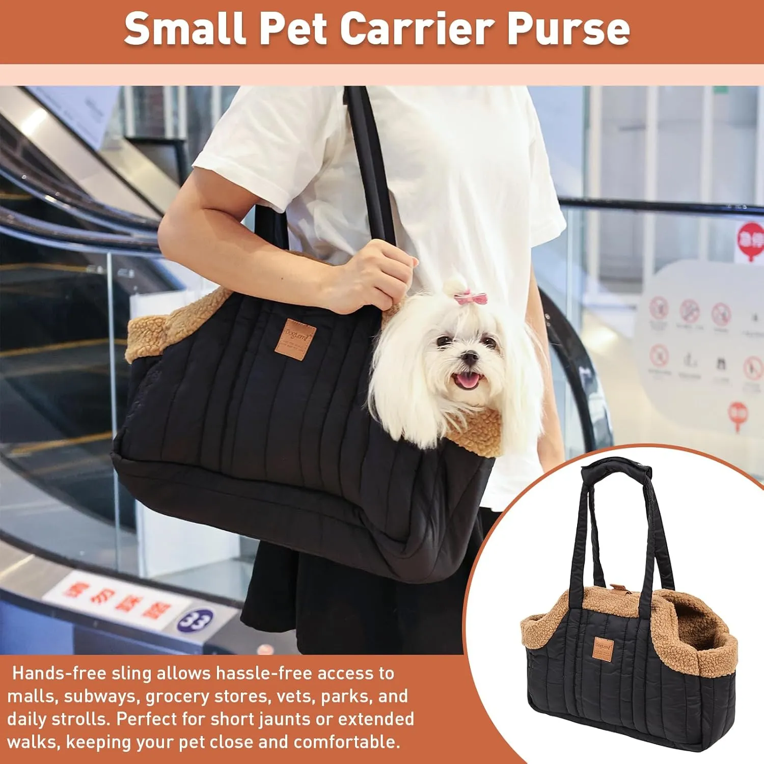 ETIAL Small Dog Carrier Purse, Winter Fleece Warm Dog Tote Bag Carrier with Secure Harness Clip for Puppy Kitten, Waterproof Pet Travel Handbag for Shopping, Hiking and Walking (Black)