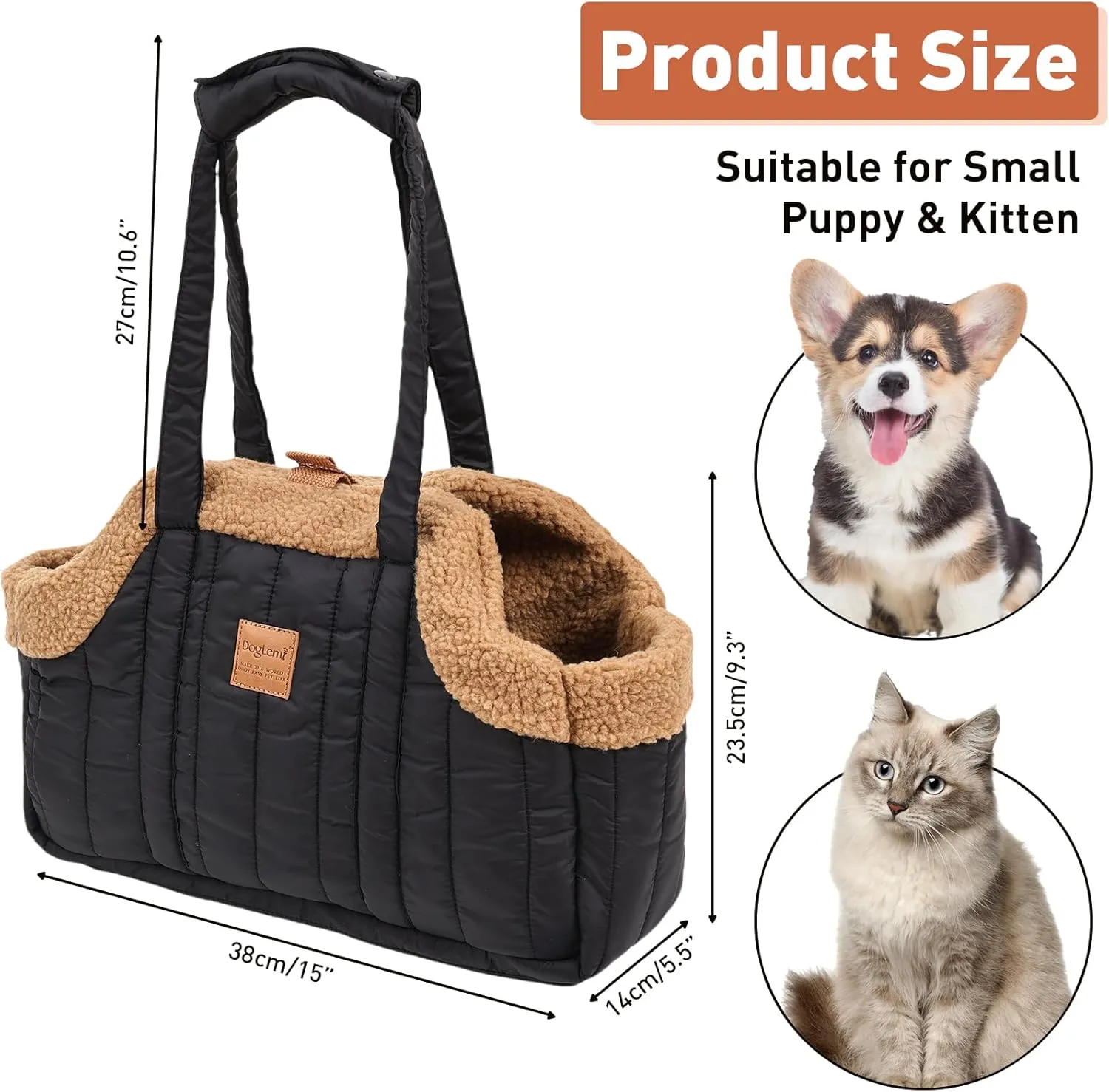 ETIAL Small Dog Carrier Purse, Winter Fleece Warm Dog Tote Bag Carrier with Secure Harness Clip for Puppy Kitten, Waterproof Pet Travel Handbag for Shopping, Hiking and Walking (Black)