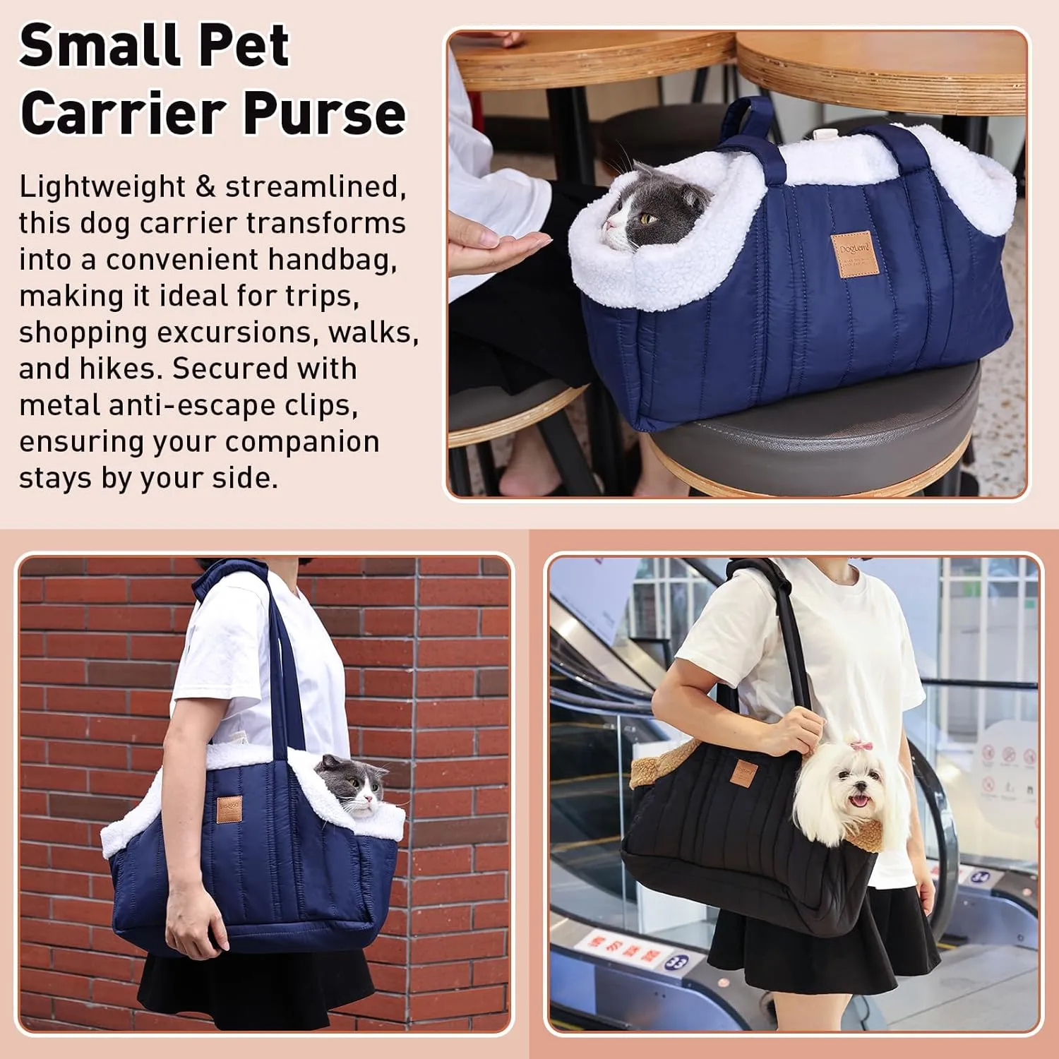 ETIAL Small Dog Carrier Purse, Winter Fleece Warm Dog Tote Bag Carrier with Secure Harness Clip for Puppy Kitten, Waterproof Pet Travel Handbag for Shopping, Hiking and Walking (Black)