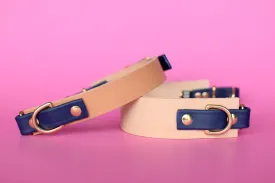 EXCLUSIVE LEATHER COLLECTION - Natural Tan & Navy, Limited Edition Biothane and Leather Combo Martingale Dog Collar