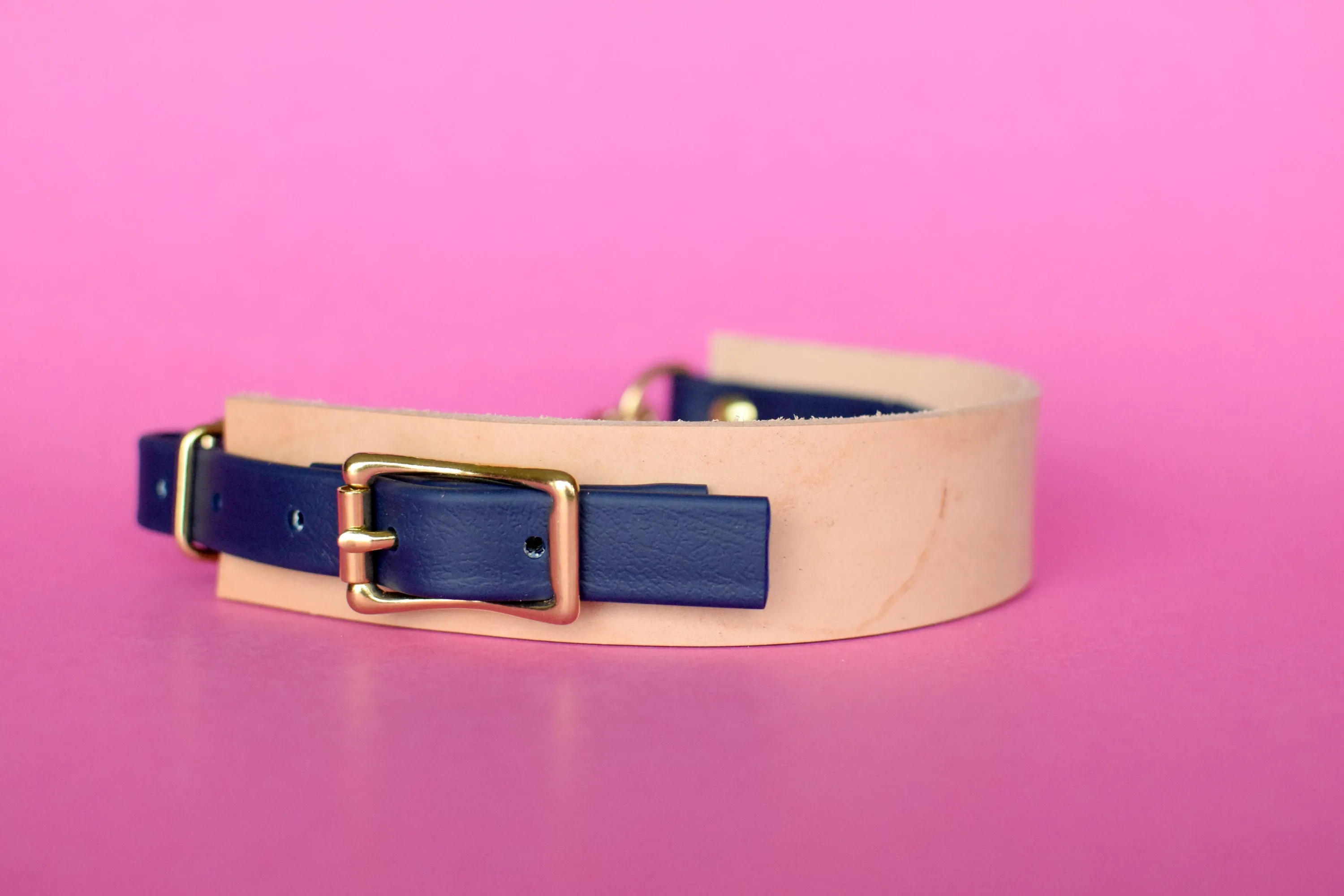 EXCLUSIVE LEATHER COLLECTION - Natural Tan & Navy, Limited Edition Biothane and Leather Combo Martingale Dog Collar
