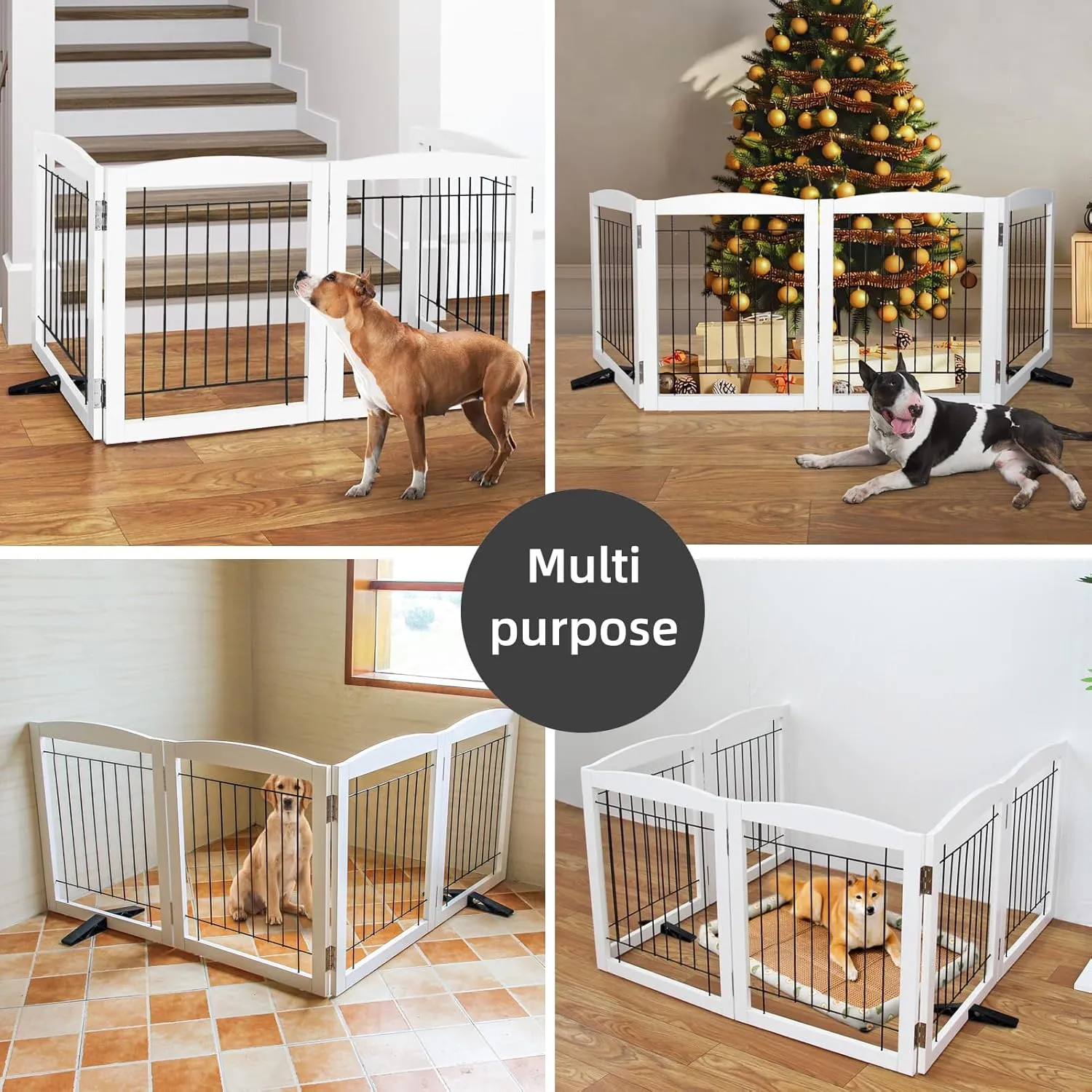 Freestanding Dog Gate - 6-Panel Retractable Foldable Expandable Wood Pet Gate for Doorways, Hallways, Stairs - 120x24-Inch (White)