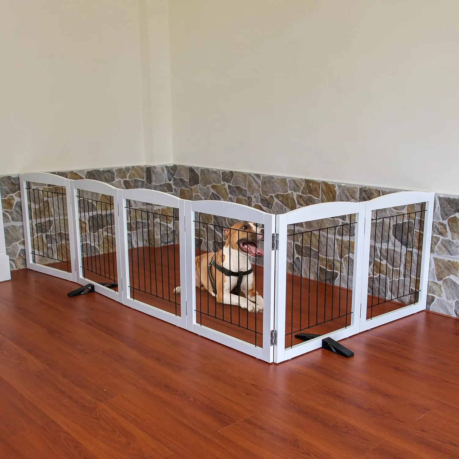 Freestanding Dog Gate - 6-Panel Retractable Foldable Expandable Wood Pet Gate for Doorways, Hallways, Stairs - 120x24-Inch (White)