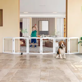 Freestanding Dog Gate - 6-Panel Retractable Foldable Expandable Wood Pet Gate for Doorways, Hallways, Stairs - 120x24-Inch (White)
