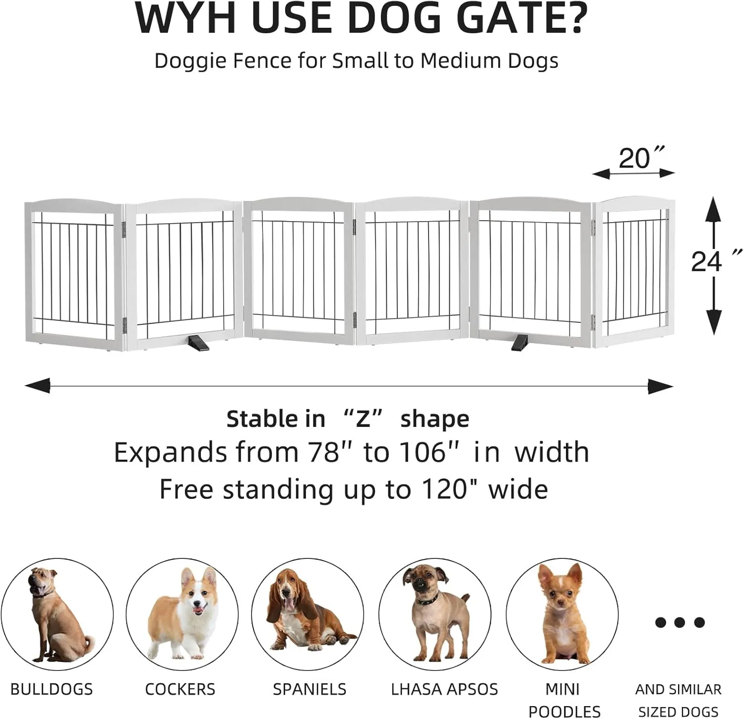 Freestanding Dog Gate - 6-Panel Retractable Foldable Expandable Wood Pet Gate for Doorways, Hallways, Stairs - 120x24-Inch (White)