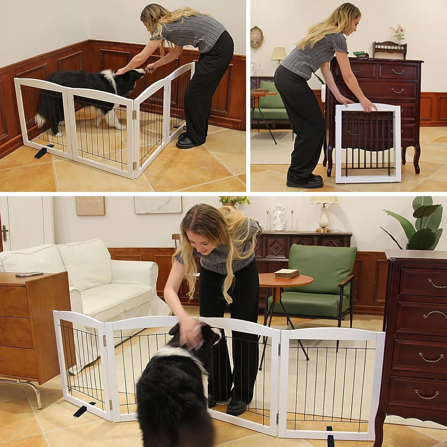 Freestanding Dog Gate - 6-Panel Retractable Foldable Expandable Wood Pet Gate for Doorways, Hallways, Stairs - 120x24-Inch (White)
