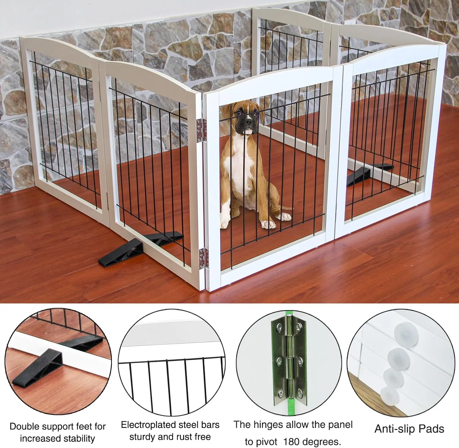 Freestanding Dog Gate - 6-Panel Retractable Foldable Expandable Wood Pet Gate for Doorways, Hallways, Stairs - 120x24-Inch (White)