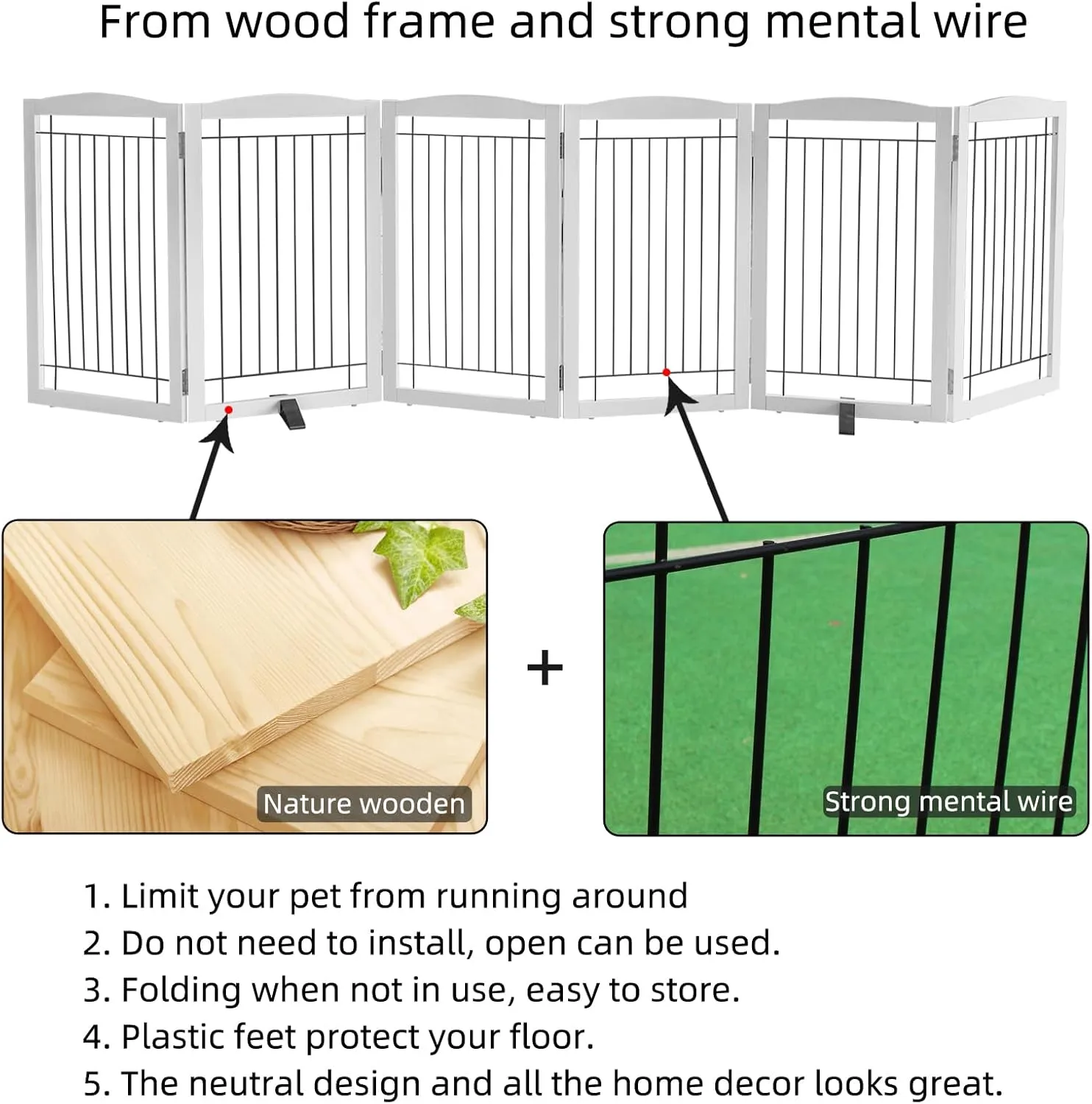 Freestanding Dog Gate - 6-Panel Retractable Foldable Expandable Wood Pet Gate for Doorways, Hallways, Stairs - 120x24-Inch (White)