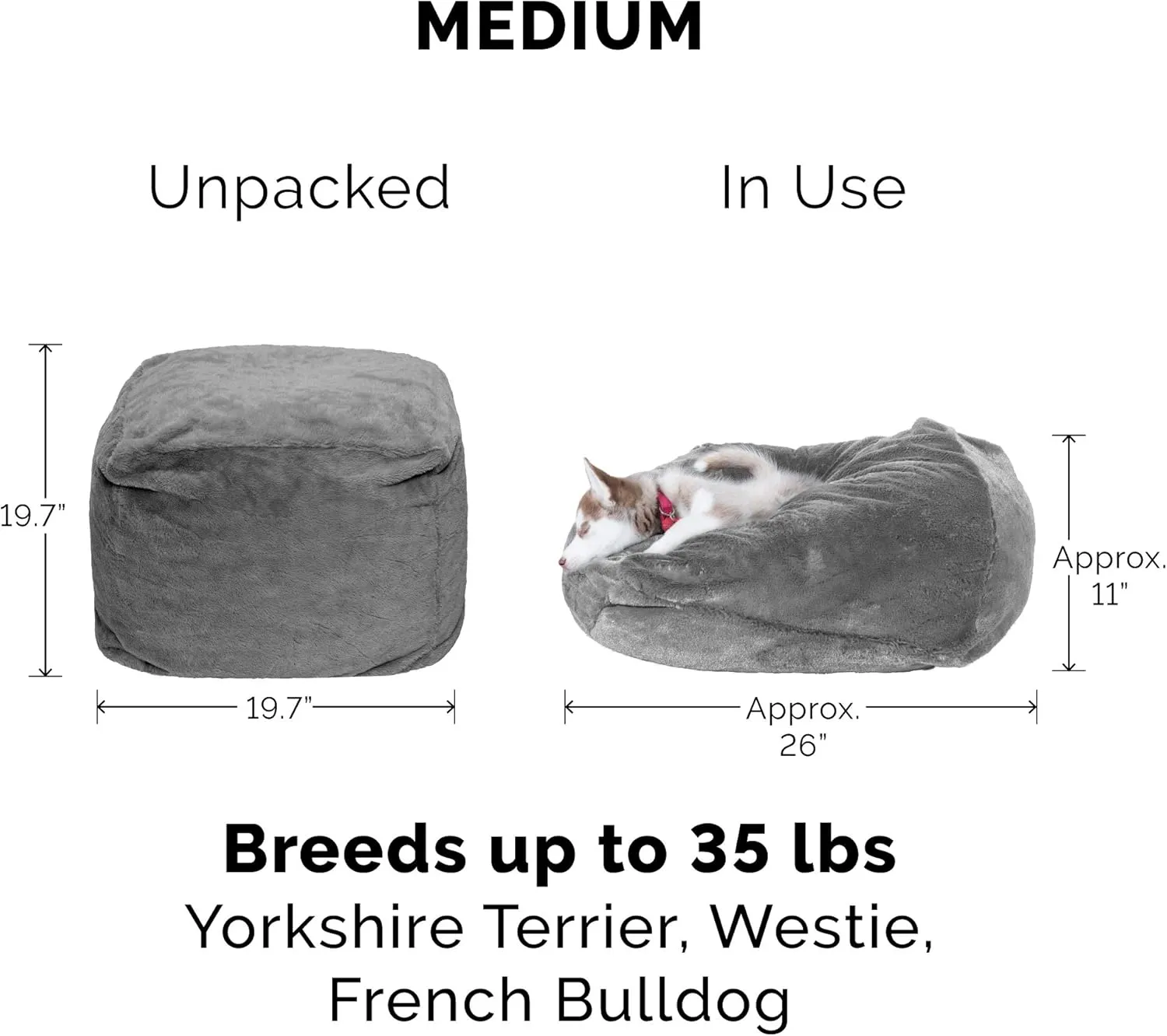 Furhaven Soft & Cozy Dog Bed for Medium/Small Dogs, Refillable w/ Removable Washable Cover & Liner, For Dogs Up to 35 lbs - Plush Faux Fur Bean Bag Style Ball Bed - Gray Mist, Medium