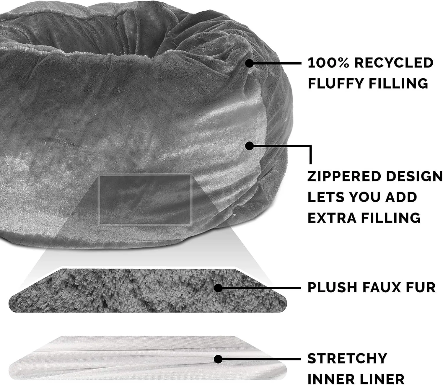 Furhaven Soft & Cozy Dog Bed for Medium/Small Dogs, Refillable w/ Removable Washable Cover & Liner, For Dogs Up to 35 lbs - Plush Faux Fur Bean Bag Style Ball Bed - Gray Mist, Medium
